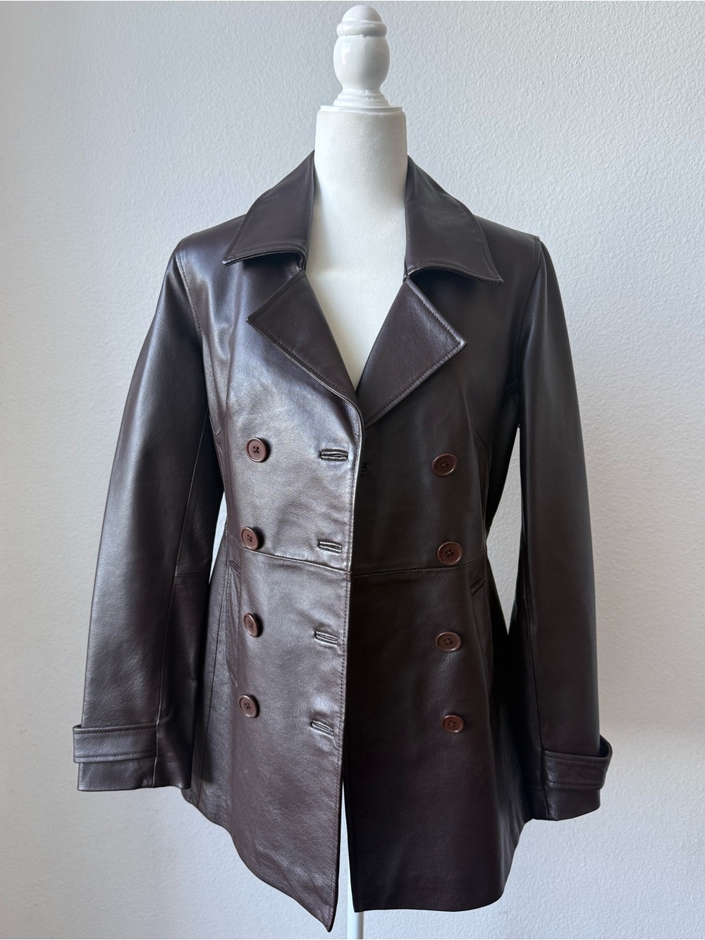90s Y2K Moda International Dark Brown Leather Double Breasted Trench Coat Jacket